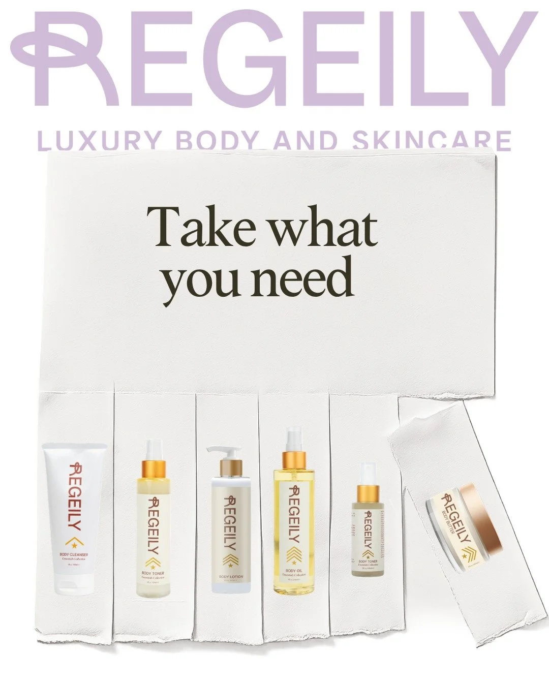 Take what you need. 

Whether that's just the Body Butter or the full lineup.

Regeily was built so you can build the routine that actually works for you. Mix, match, and start where you are.