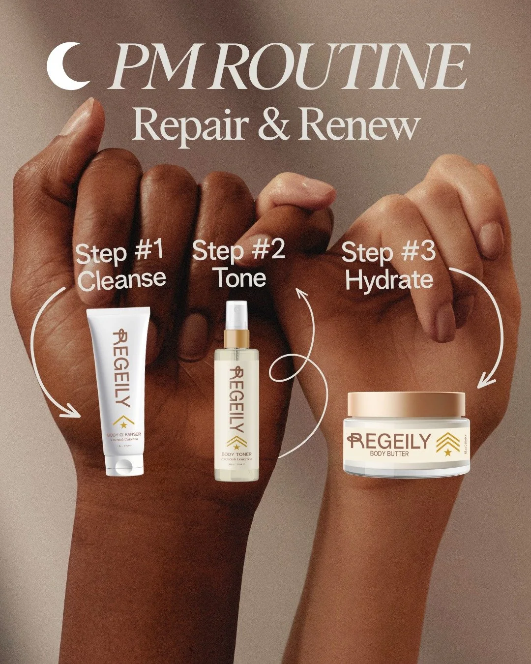Sweet dreams start with skincare and this soothing nighttime routine 🌙⭐

1. Regeily Body Cleanser: Melts away impurities while nourishing skin. 

2. Regeily Body Toner: Smooths, firms, and supports overnight renewal. 

3. Regeily Body Butter: Rich, 