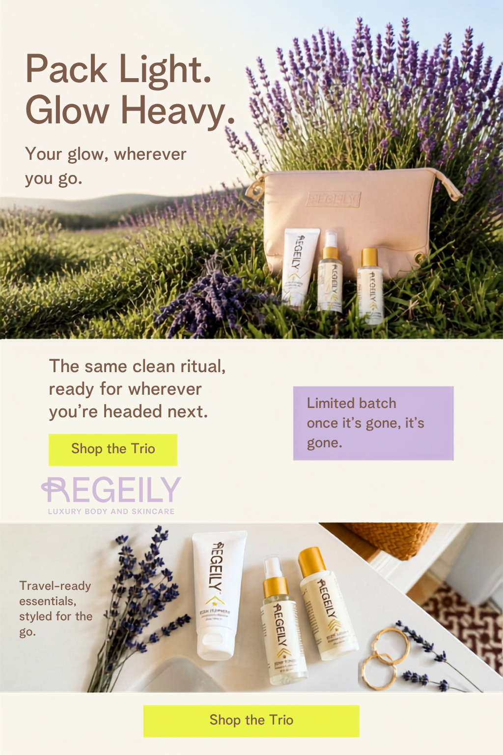 Regeily REGEmini Trio travel-size luxury body care set with cleanser, toner, and lotion in a cosmetic bag, displayed in a lavender field for clean skincare on the go.