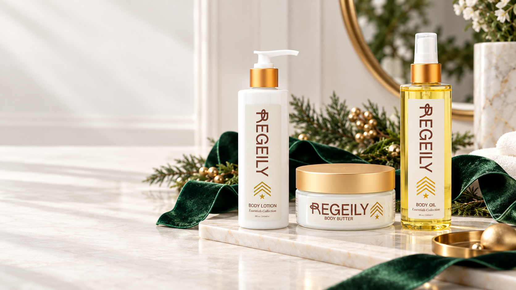 Regeily Body Lotion, Body Butter, and Body Oil arranged on a bright holiday vanity with forest-green ribbon and gold accents.