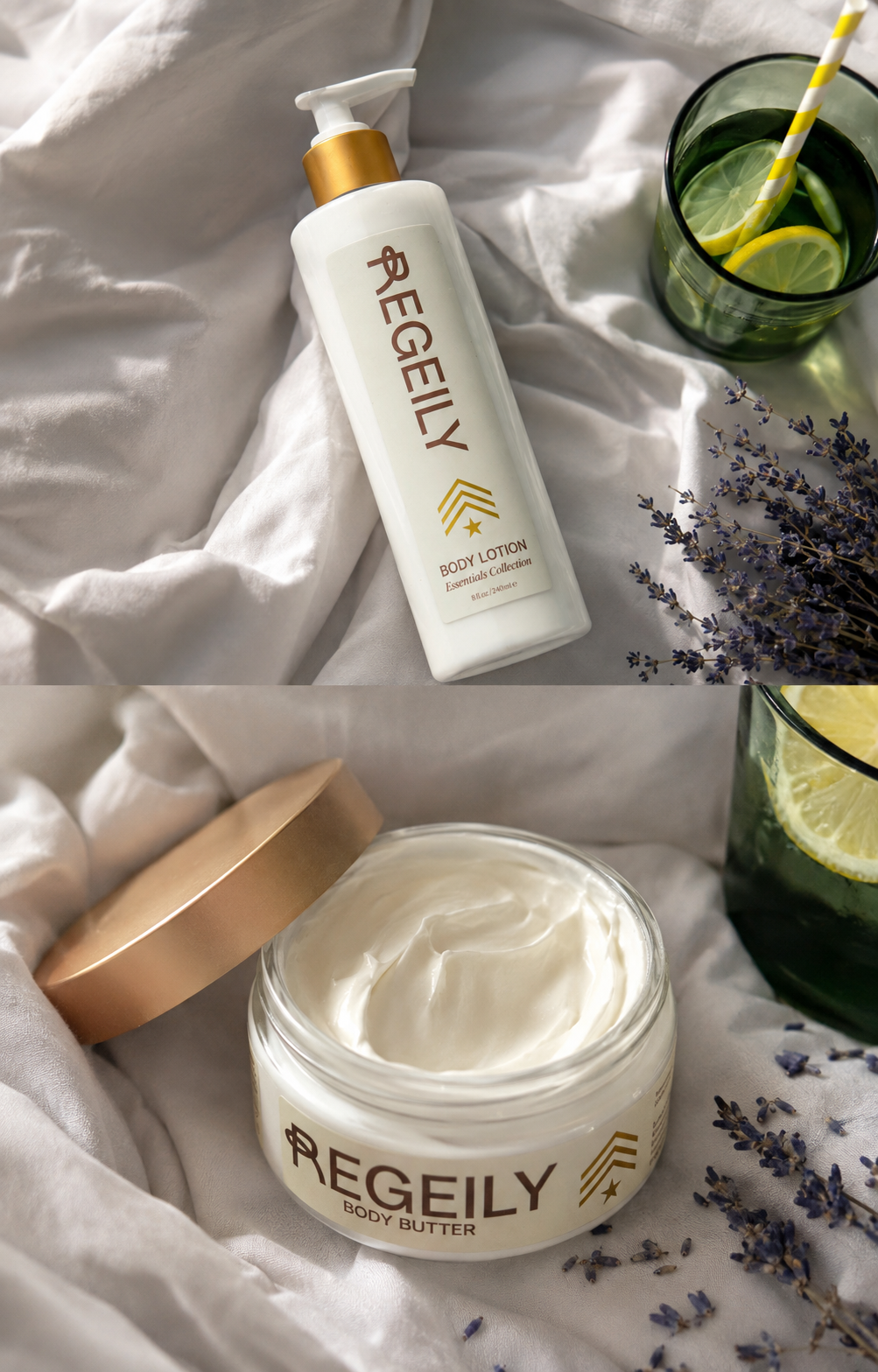 Regeily Body Lotion and Body Butter shown as lighter and richer Step 3 texture choices.