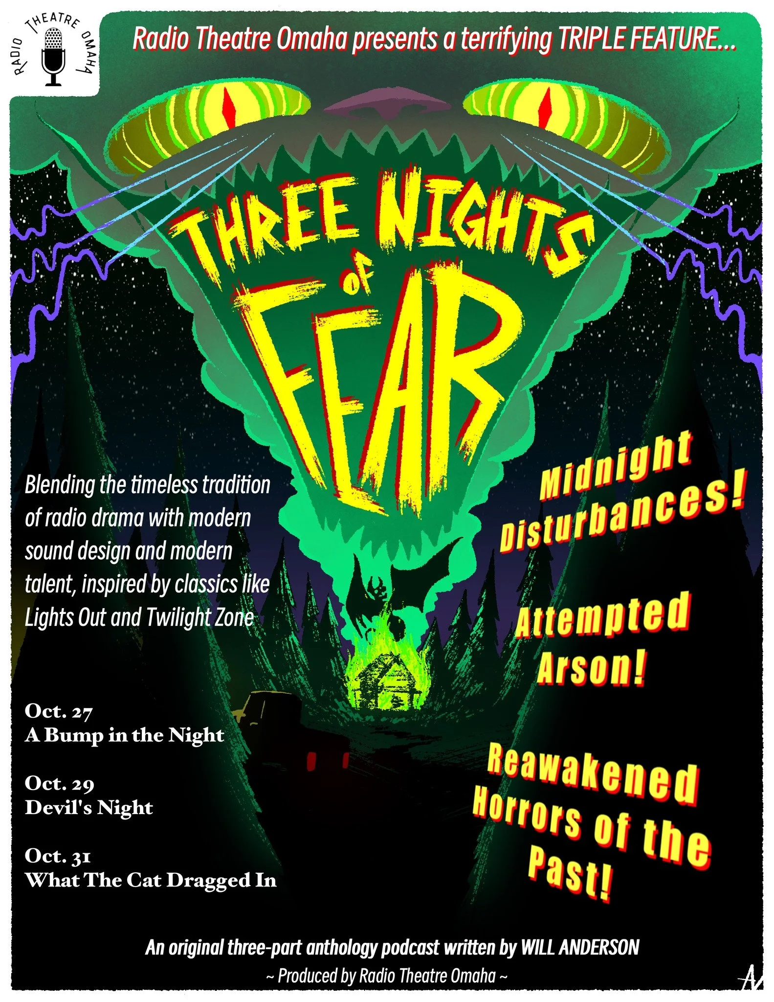 A Three-Part Halloween Podcast Event
🎃👻 Three nights. Three stories. Three fears. 🎃👻 
This Halloween week, Radio Theatre Omaha presents Three Nights of Fear — an original three-part anthology podcast written by Will Anderson. Premiering Mo