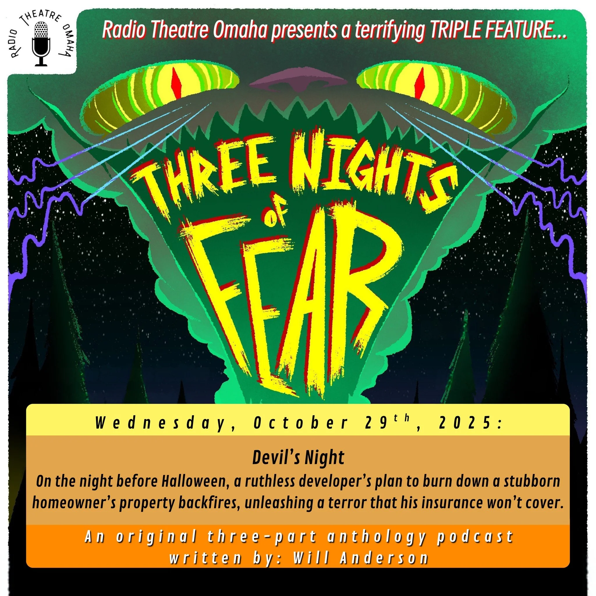 🎧 Podcast Announcement — Three Nights of Fear
An original three-part anthology podcast written by Will Anderson
Step into the shadows with Three Nights of Fear, a chilling new series from Radio Theatre Omaha. Each night brings a new tale of