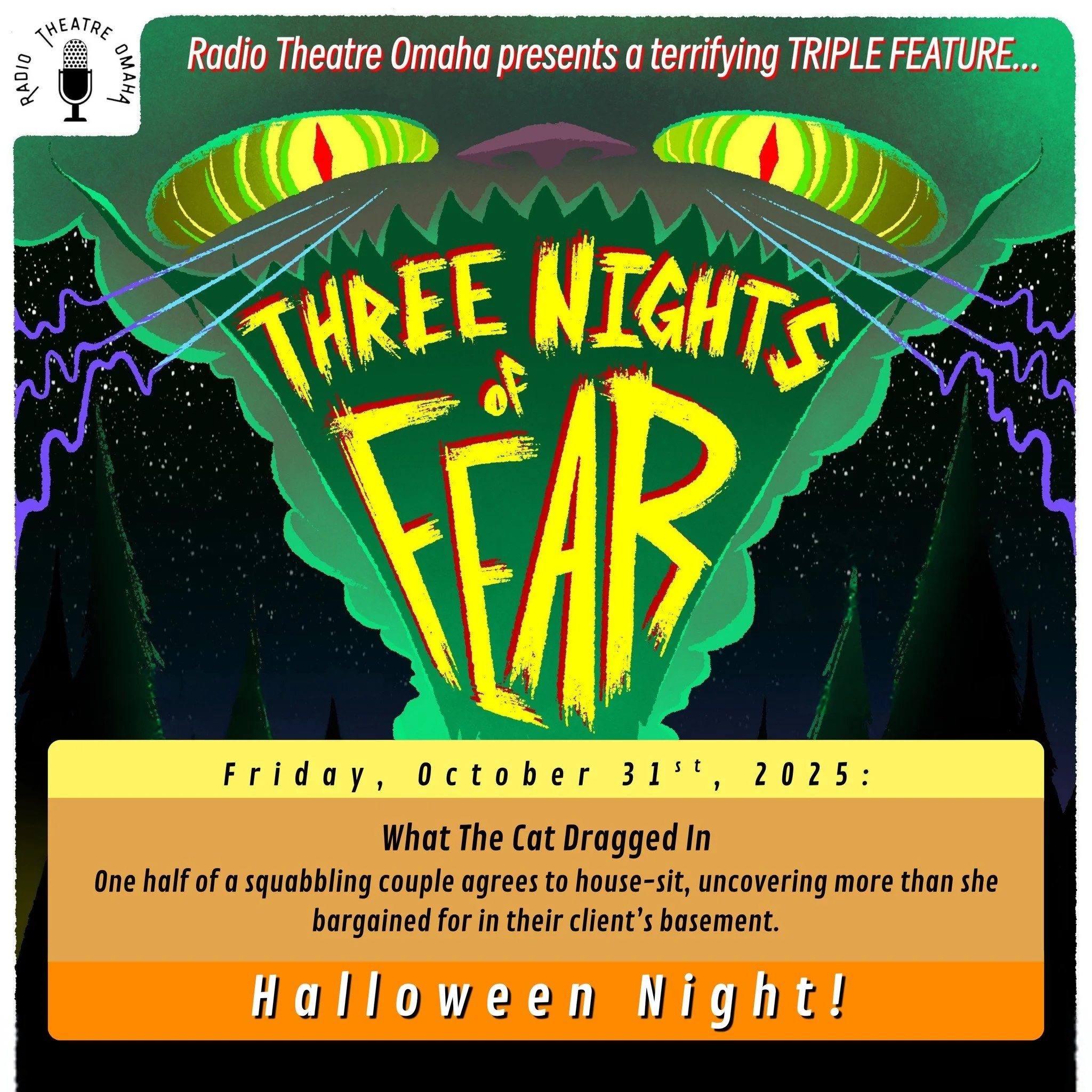 🎧 Podcast Announcement — Three Nights of Fear
An original three-part anthology podcast written by Will Anderson
Step into the shadows with Three Nights of Fear, a chilling new series from Radio Theatre Omaha. Each night brings a new tale of