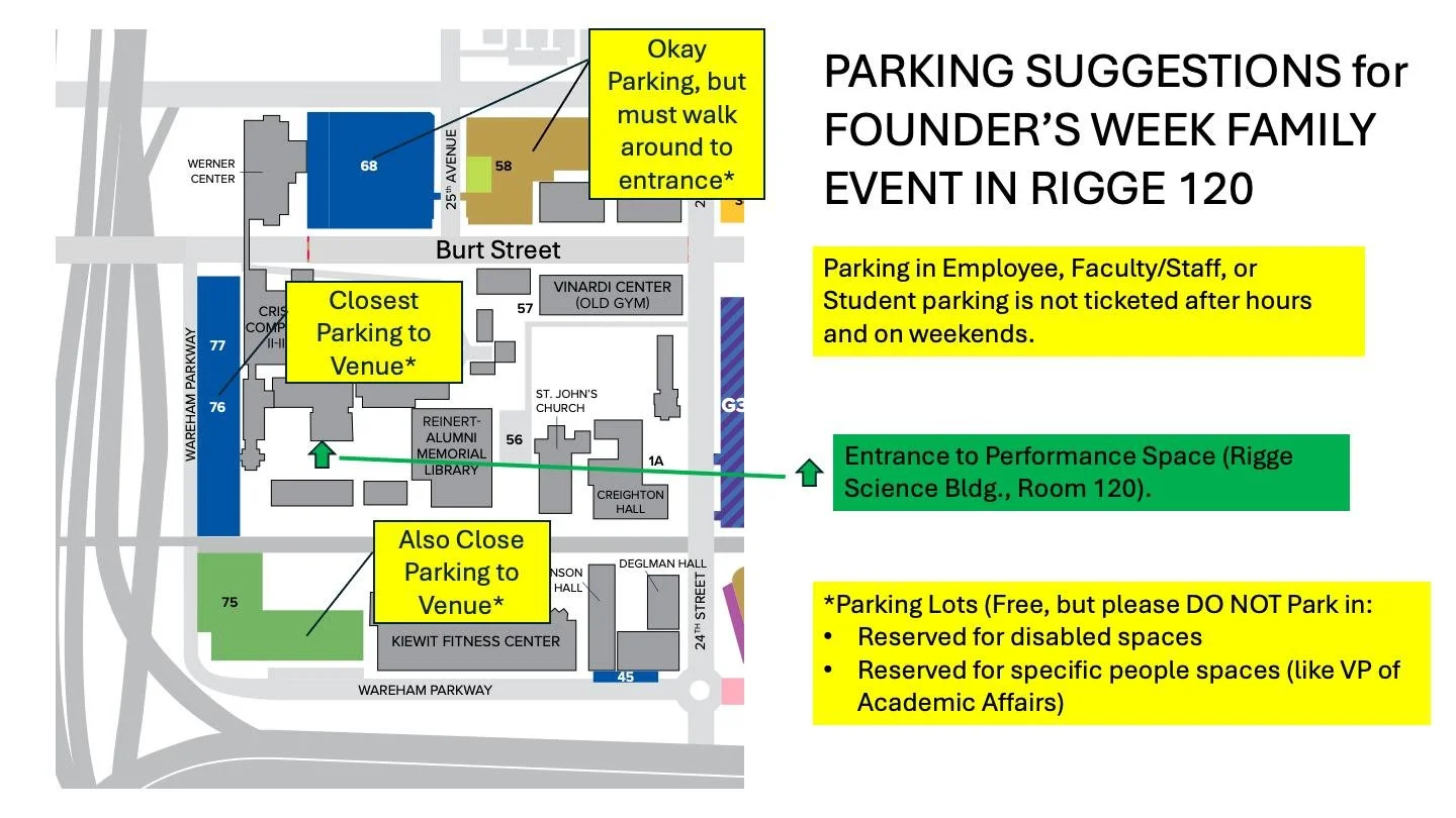 🚗 Parking Info for Founders Week Family Event 🎭📻

Joining us at Rigge Science Building, Room 120 this Saturday? Here&rsquo;s what you need to know about parking:

🅿️ Good news: Parking in Employee, Faculty/Staff, or Student lots is FREE after hou