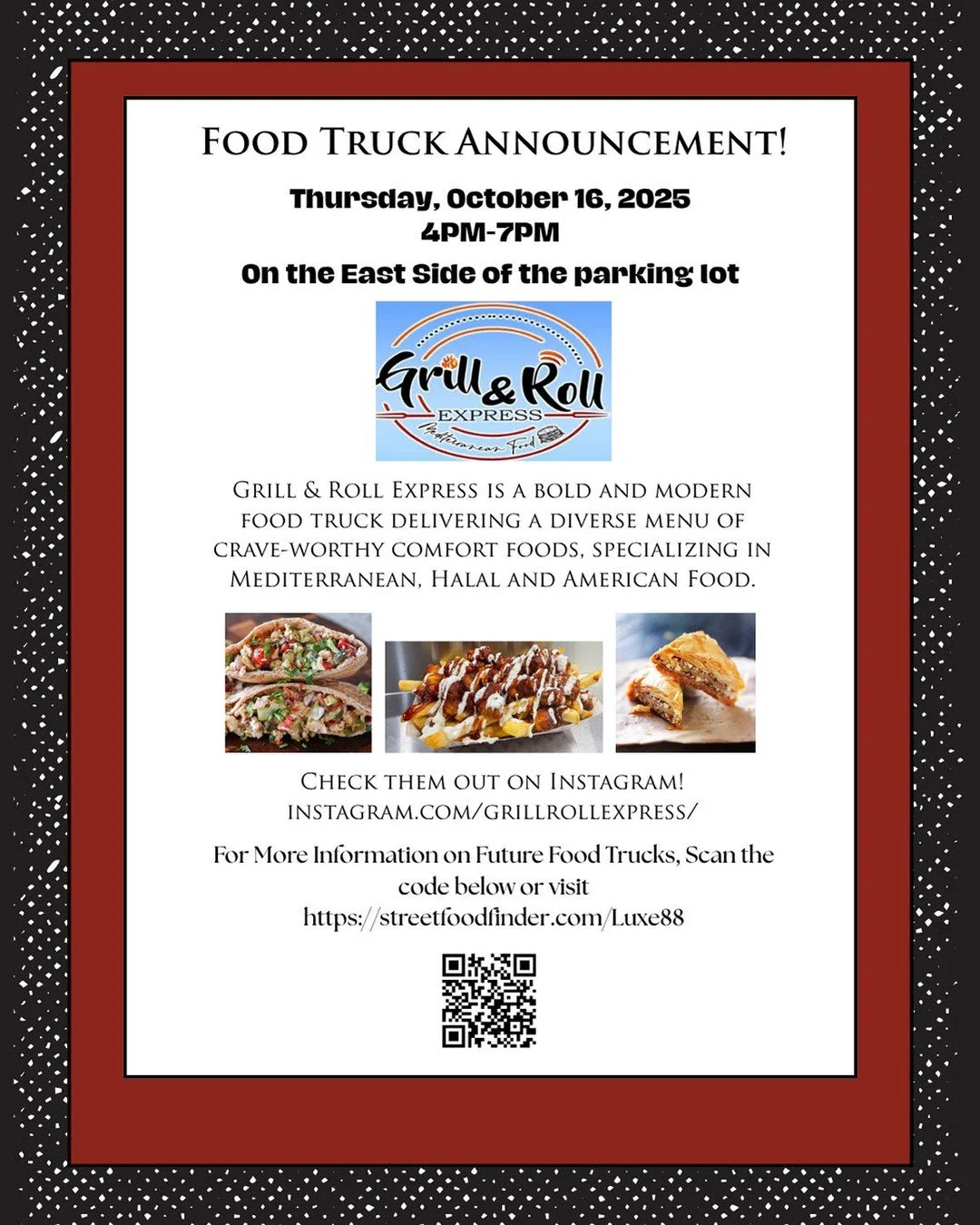 🚚✨ Food lovers unite!  Join us today from 4 PM to 7 PM for a mouthwatering Food Truck experience right here at Luxe 88! 🌆🍴 📍 Bring your friends & family, and let's make some delicious memories together! Don't miss out on this foodie adventure