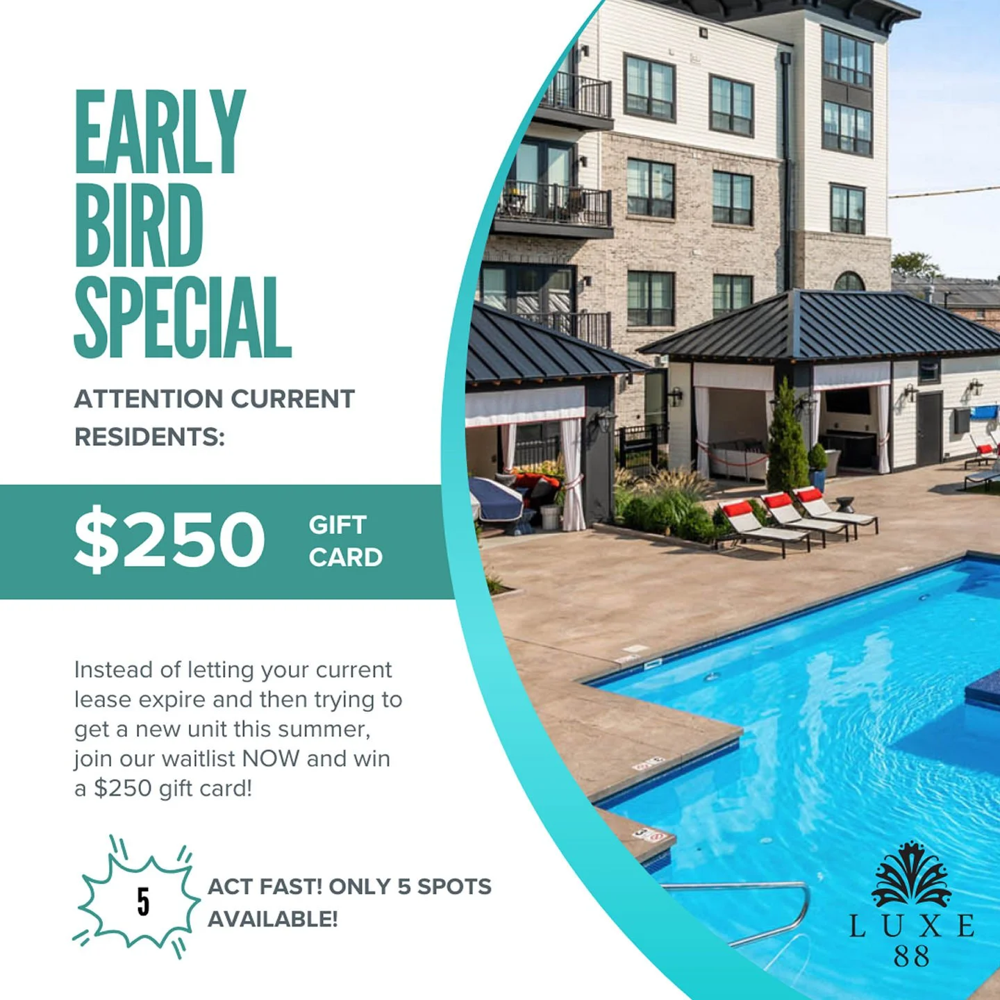 Hey Luxe 88 residents! We are filling up spots on our August waitlist! This means our summertime availibility is already getting limited. We urge you to take this opportunity for early renewal, especially if you're planning to move for a little while