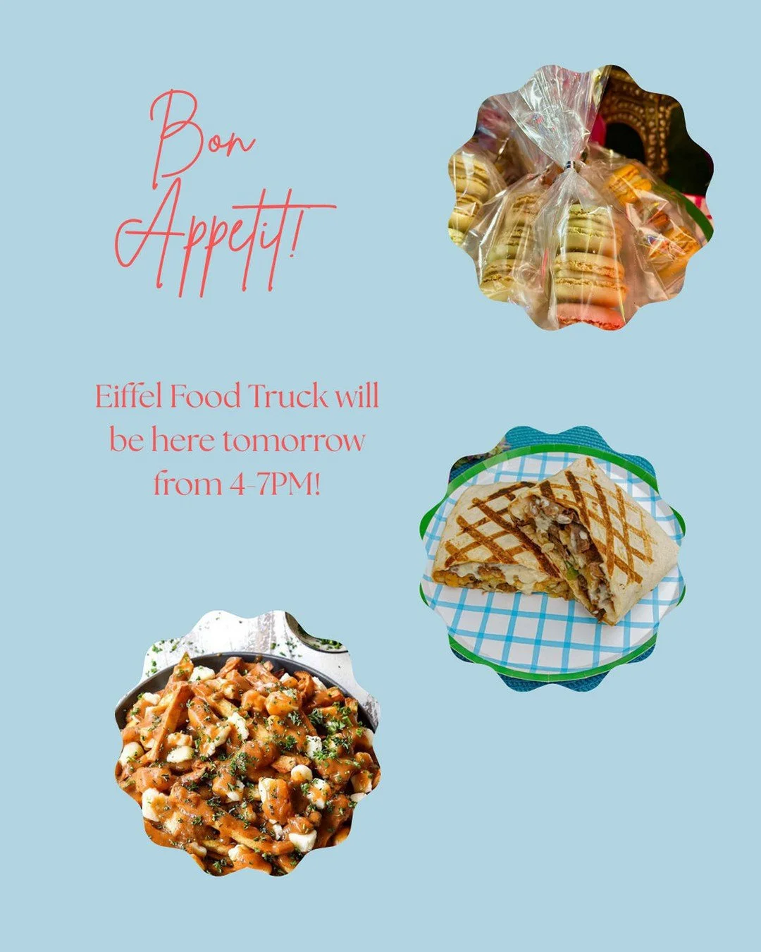 Our food truck this week is Eiffel! Their cuisine focus is on French, Mediterranean, and Halal. Stop by at 4PM!