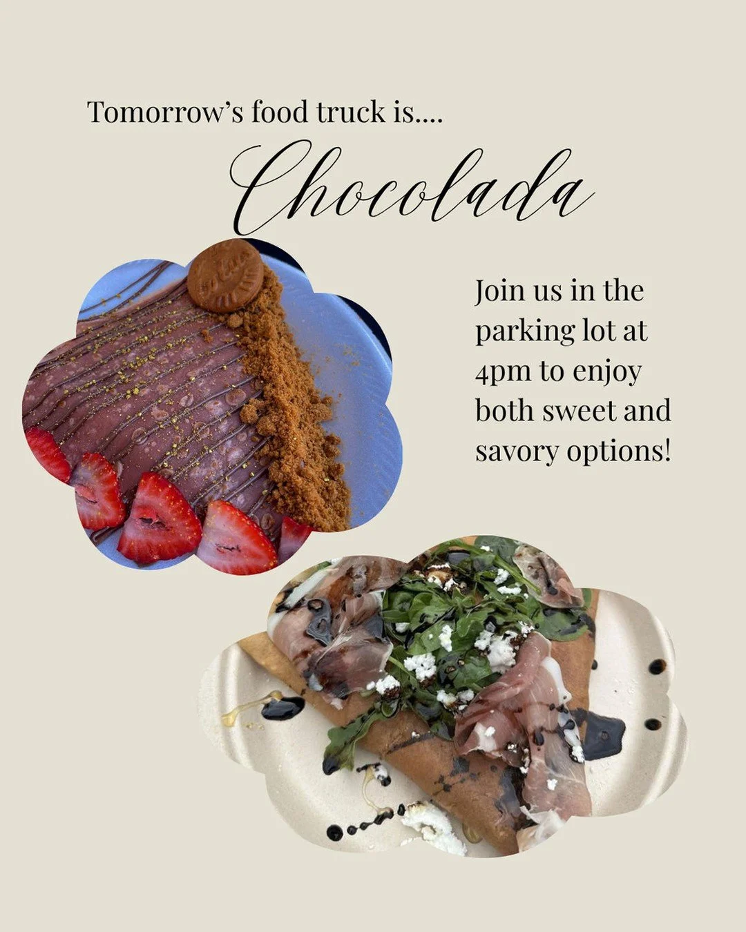 We are hosting another new truck tomorrow! Join us at 4pm to meet Chocolada. Their menu is stacked with both sweet and savory crepes and delicious coffees. We hope to see you there! 🥐😋