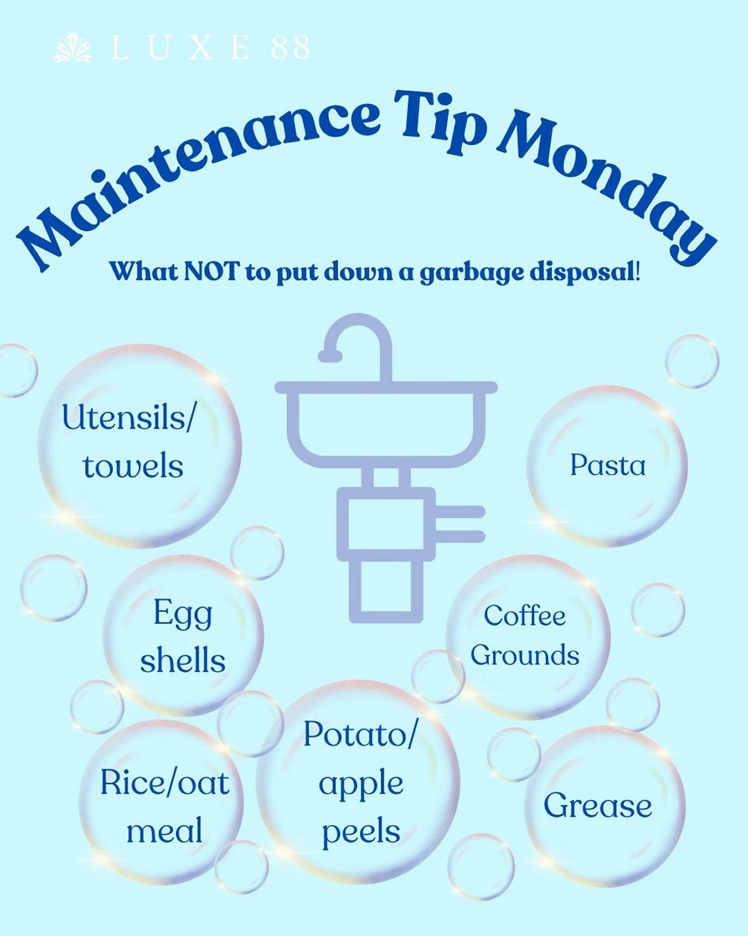 Happy Monday! 

Check out this tip from our maintenance team on how to properly care for your garbage disposal! 

First, scrape the majority of scraps off of your dishes before rinsing in the sink. Make sure to use cold water while rinsing. 🚰

There