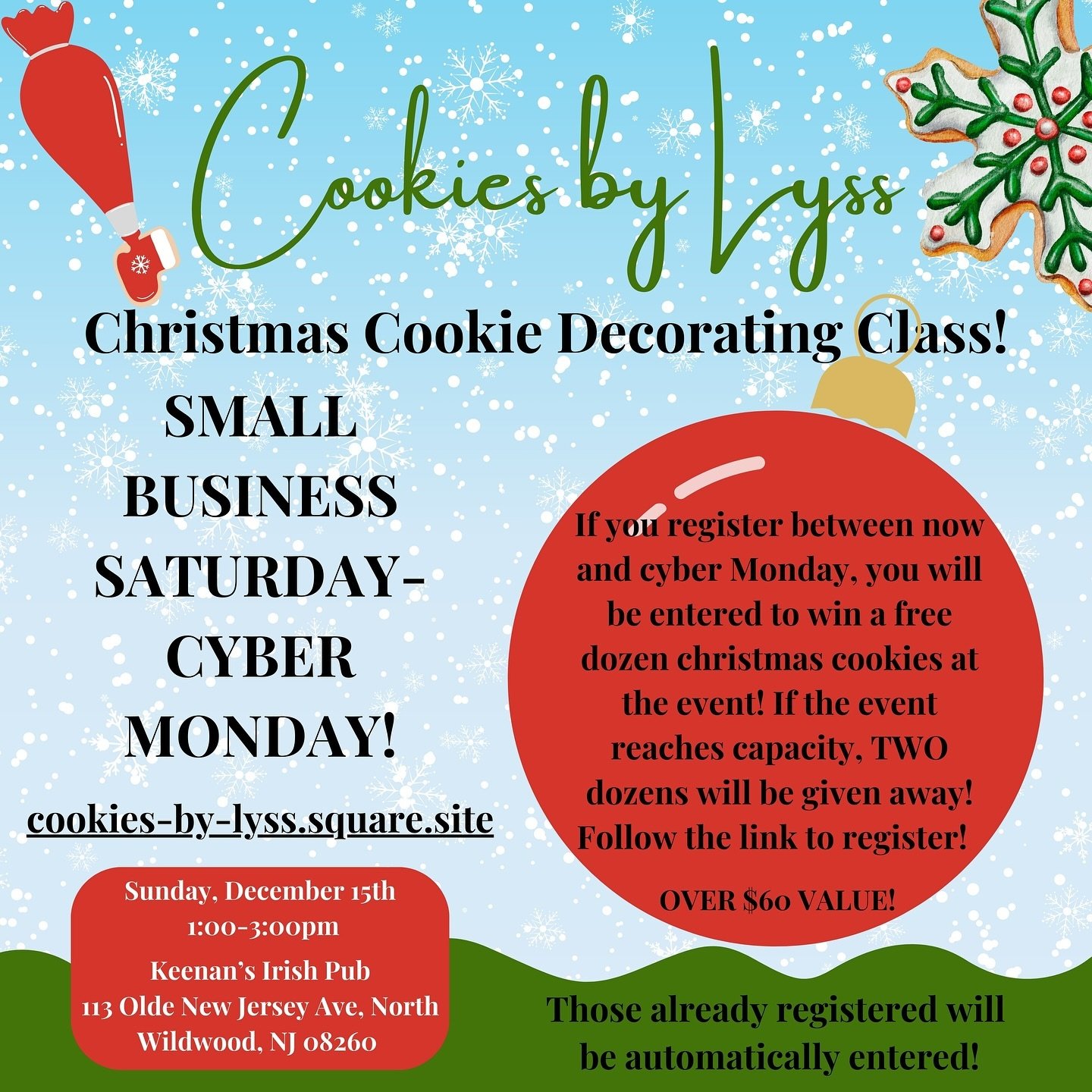 Check out this giveaway at our 1st Christmas Cookie Decorating Class! Hope to see you there!! 🍪❤️

#cookiesbylyss #customcookies #cookieart #cookieartist #cookiecontent #decoratedcookies #glazecookies #cookies #cookiesofinstagram #cookiedecorating #