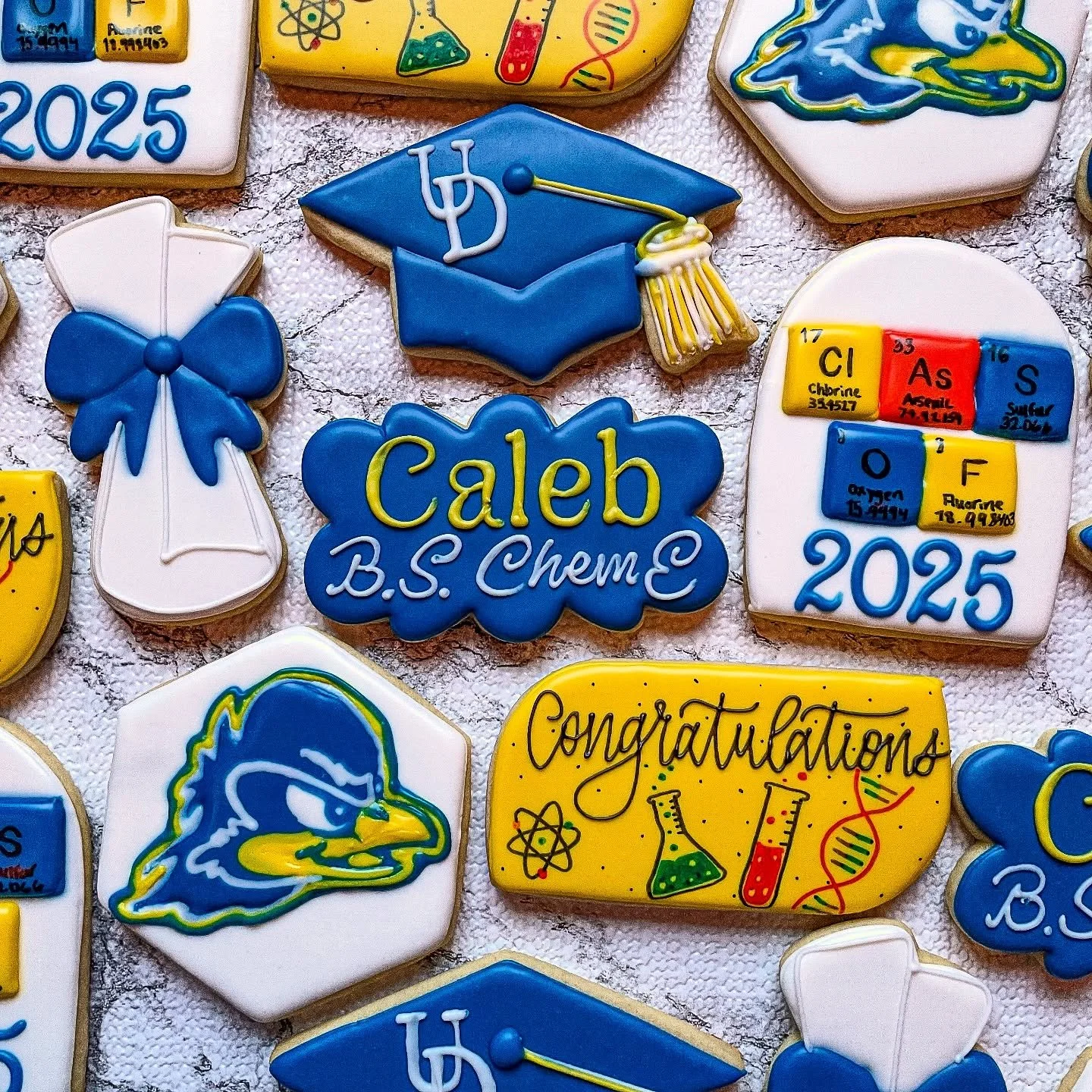Next up on the graduation cookie tour, Caleb! Graduated from the University of Delaware with a Bachelors of Science in Chemical Engineering. Congrats Caleb! 📚🎓✏️
#cookiesbylyss #customcookies #cookieart #cookieartist #cookiecontent #decoratedcookie