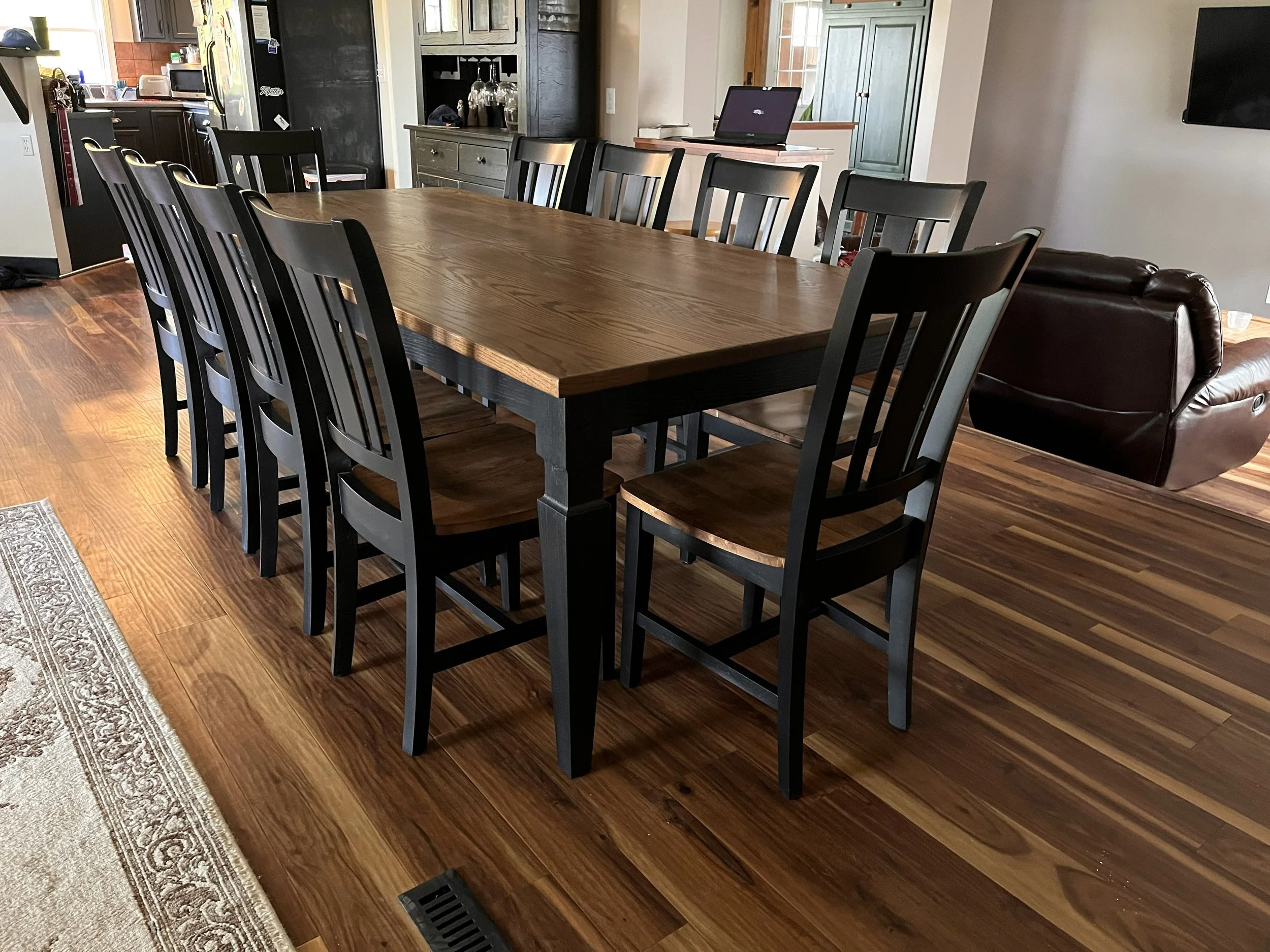 Westbridge Dining Table in Red Oak with 10 dining chairs
