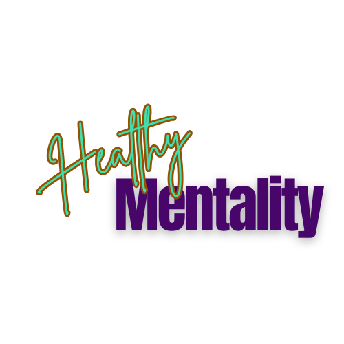 Graphic design with the words 'Healthy' in teal cursive and 'Mentality' in bold purple text on a black background.