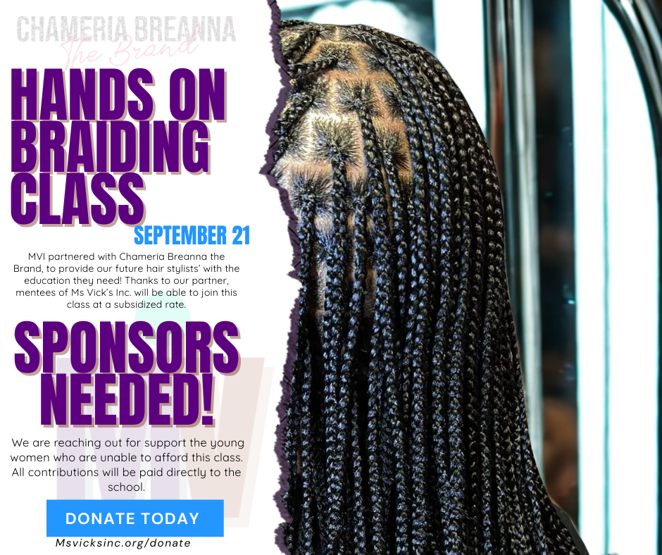 Poster advertising a hands-on braiding class with a photo of a person with long black braided hair, text about class date and sponsorship needs, and a donate button.