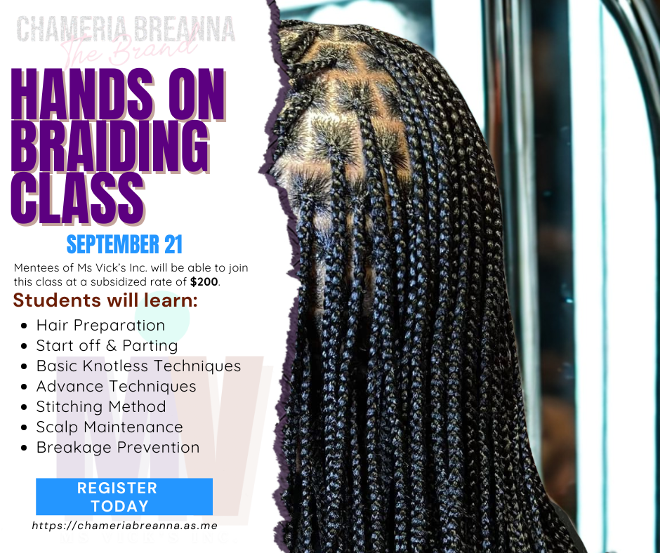 An advertisement for a braiding class showing a woman with long, intricately braided hair, with part of the text and details about the class on the left side of the image.