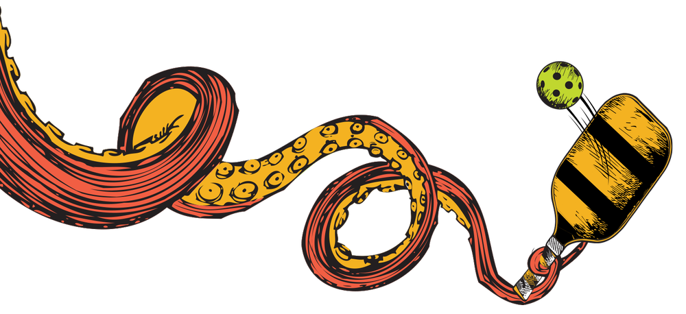 An illustration of an octopus with a yellow and red body, holding a yellow and black striped object with its tentacles, against a black background.