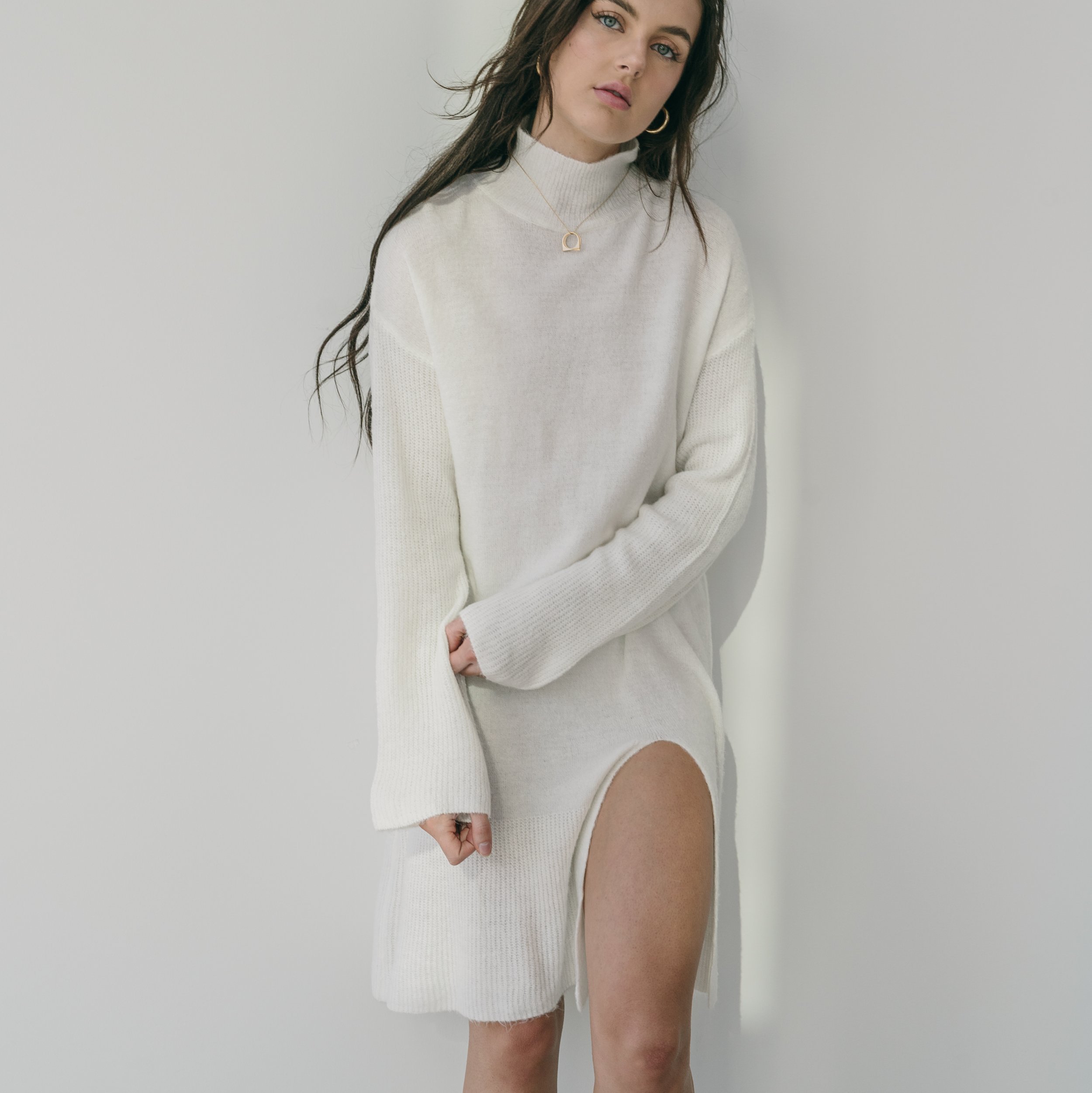 Sweater Dress With Slit in Soft Cream