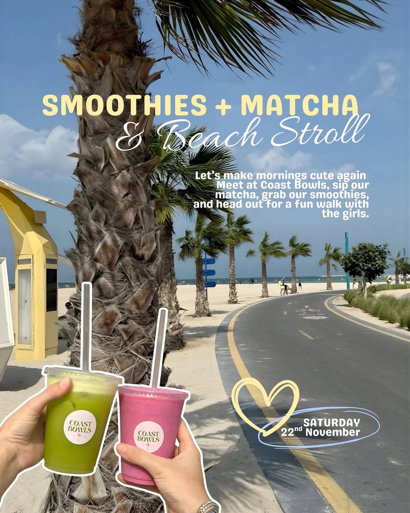 Beachside smoothies + matcha + a lil walk with the girls? Yes please 💛&nbsp;This month&rsquo;s meetup is super chill, we&rsquo;re soaking up the good weather &amp; taking a cute stroll along the Beach.

🌴Meet us at: Coast Bowls, Kite Beach
🌞Date: 