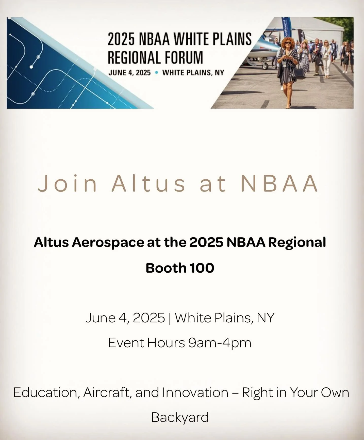 Come visit us at Booth 100 at this year’s NBAA in White Plains on Wednesday, June 4th!  Can’t wait to see you there! ππ» π©οΈ π€