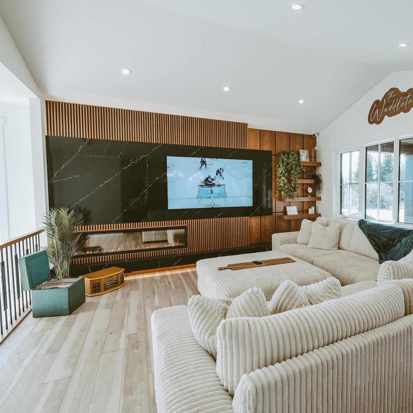 What a statement! 😍 Our clients came to us with a vision of a wooden feature wall with this wicked marble slab to anchor the tv. We couldn&rsquo;t be happier with how this turned out!

Would you do something like this in your home? 
&bull;
&bull;
&b
