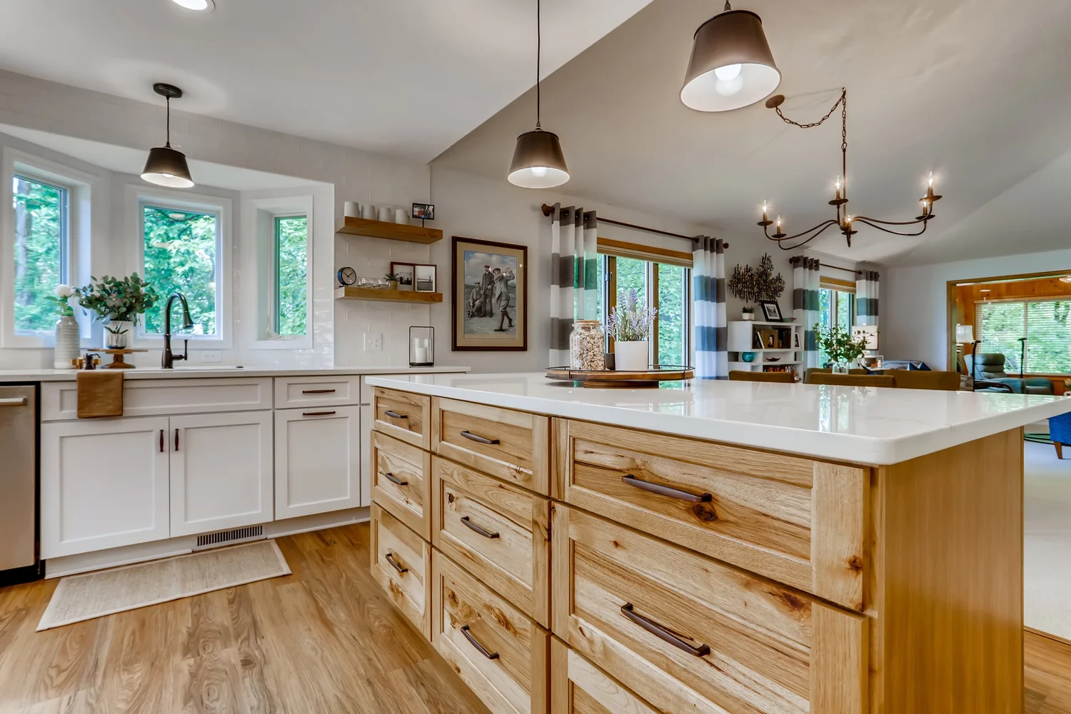 Stoneybridge kitchen remodel with full-height custom cabinetry and quartz waterfall island in Minnetonka MN
