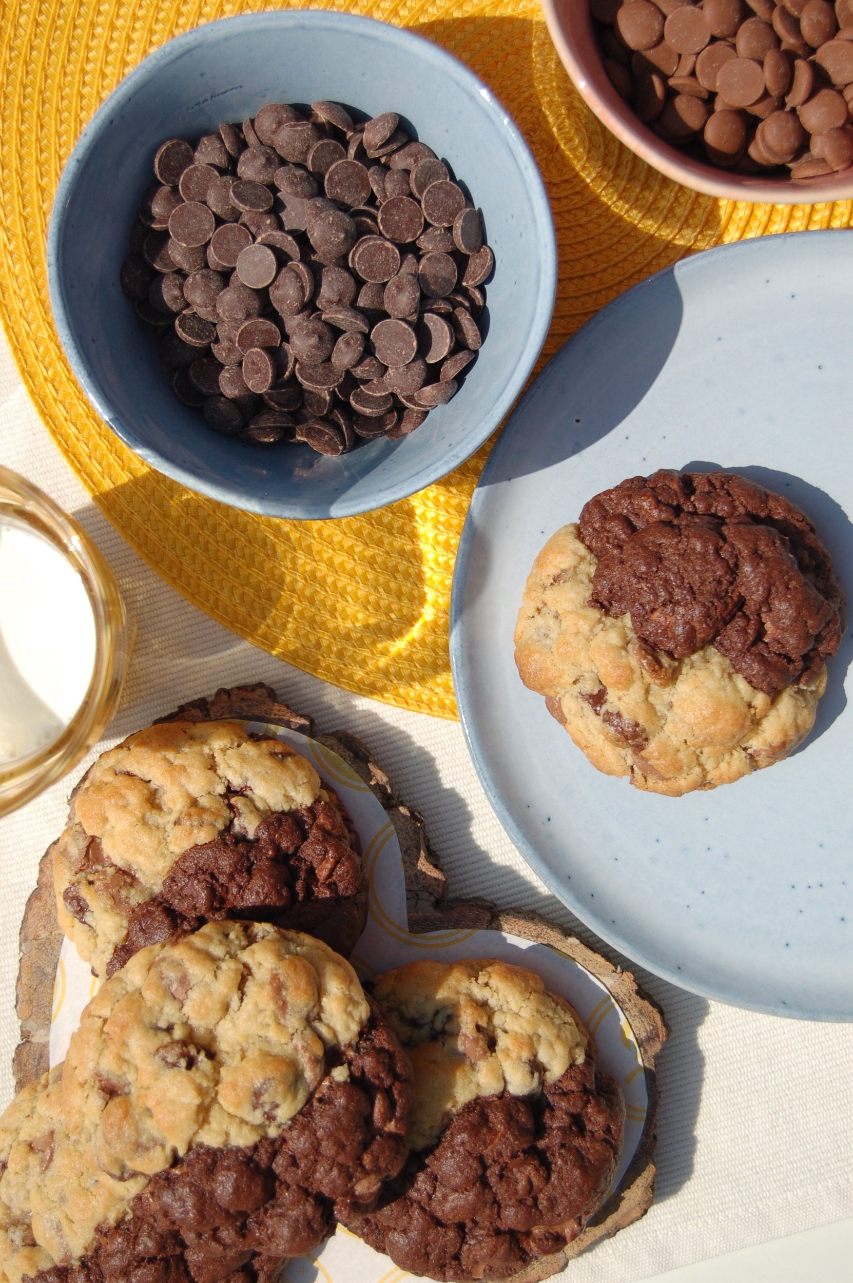 freshly baked double chip mash up New York cookies for sharing