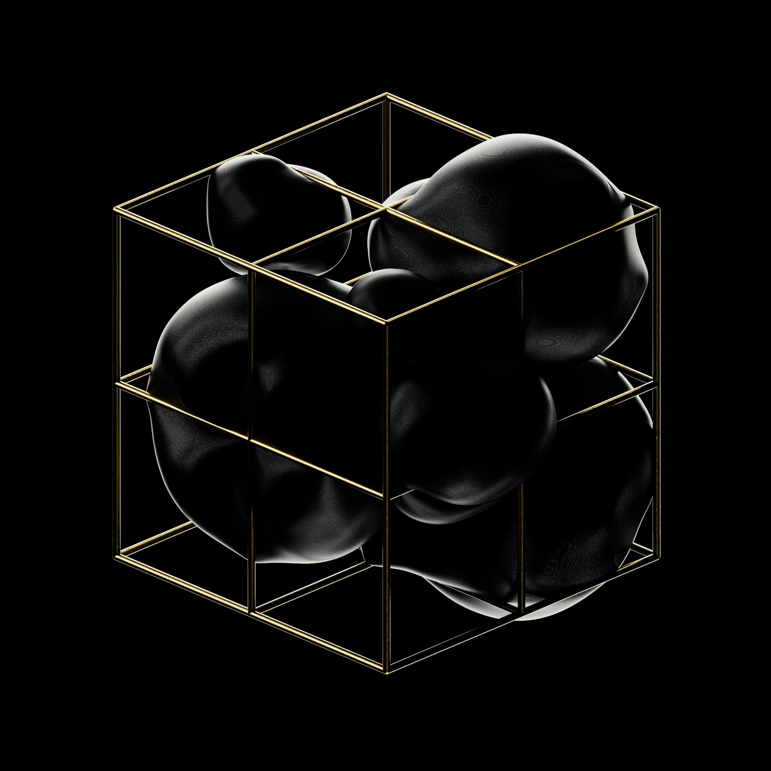 Black abstract shape with glossy surface inside a gold wireframe cube against black background.