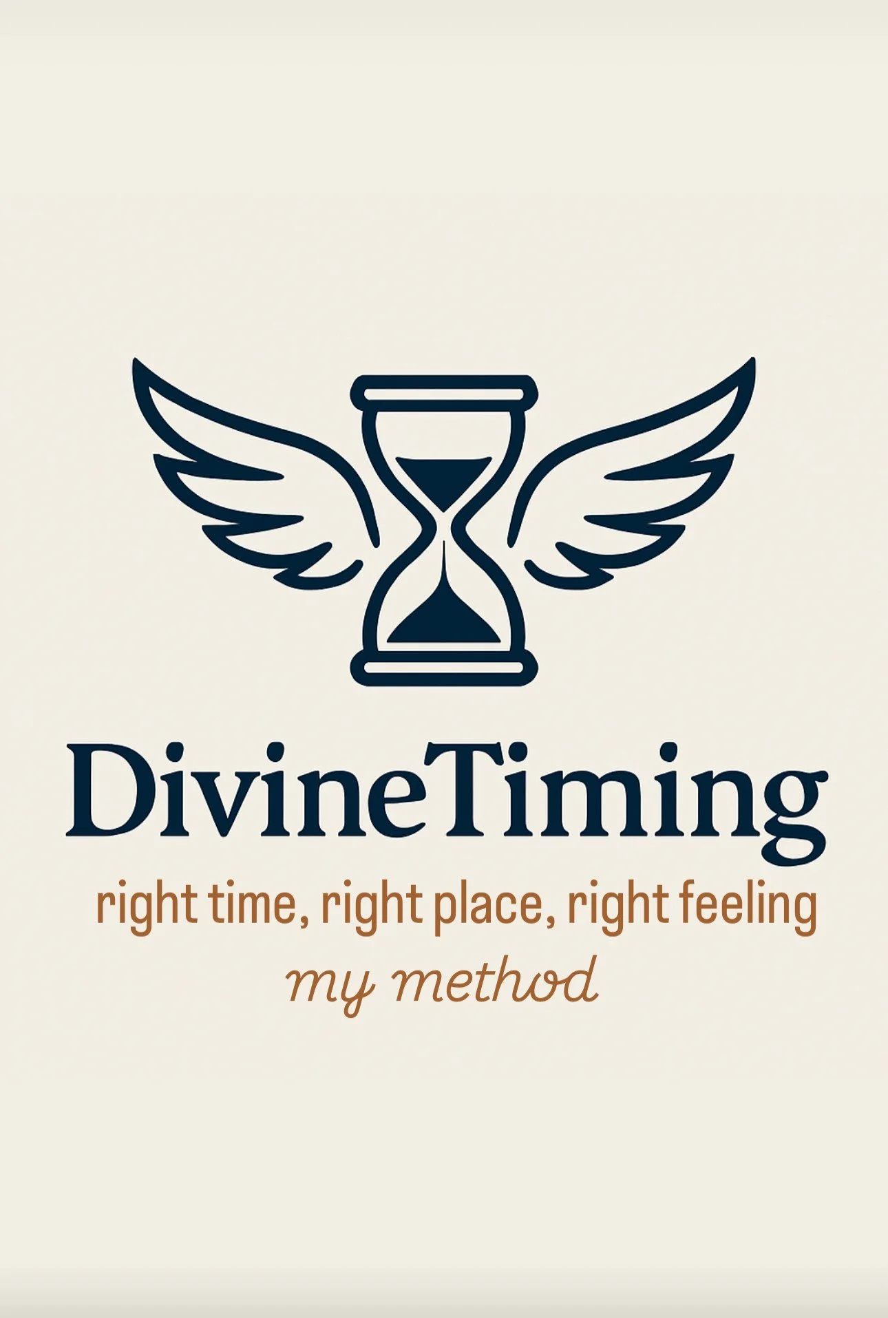 Book cover titled "DivineTiming" with a logo of an hourglass with wings and tagline "right time, right place, right feeling, my method" on a beige background.