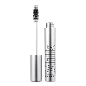 Silver mascara tube with the mascara wand lifted out, showing the brush applicator, and the word 'MAYBELLINE' printed on the tube with 'MAKEUP' underneath.