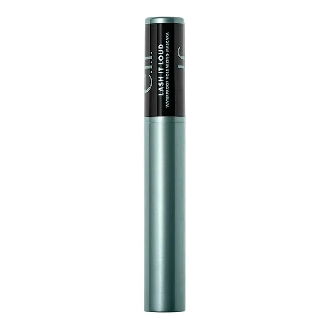 A teal mascara tube with black cap and text 'Lash It Loud Waterproof Volumizing Mascara'.