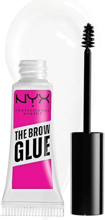 A tube of NYX Professional Makeup brow glue with black applicator wand placed beside it.