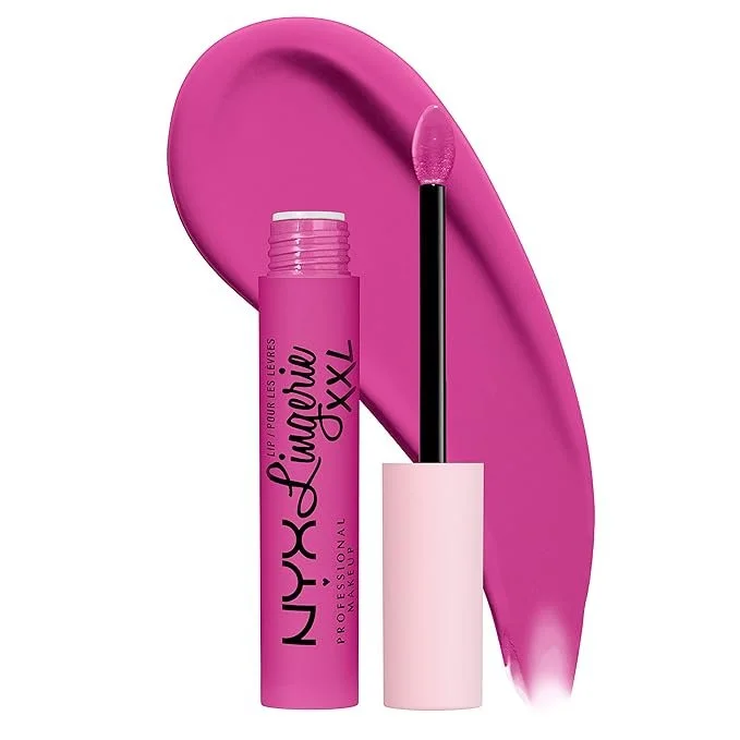 Bright pink NYX Lingerie XXL liquid lipstick with applicator and color swatch.