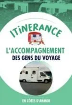 Affiche promotionnelle pour le service Itinérance, mettant en avant l'accompagnement des voyageurs avec des images de véhicules de camping-car sur fond vert.