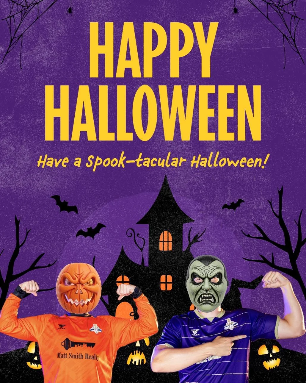 🎃👻 Happy Halloween, Rhythm Nation!👻🎃
Things are getting a little *spooky* around here&hellip; two Rhythm players have shown up in disguise! 😱⚽️

For fun &mdash; can you guess who the **masked Rhythm players** are in this photo? 😈🕸️

Drop your 