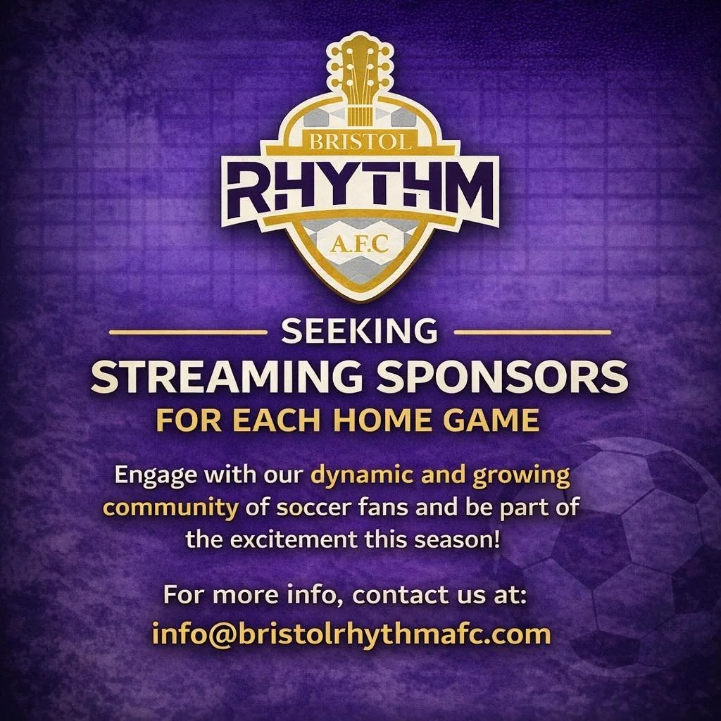 ⚡️ Streaming Sponsors Wanted! ⚡️

Bristol Rhythm AFC is looking for streaming sponsors for each of our home matches this season! This is a great opportunity to showcase your business while engaging with our dynamic and growing fan base &mdash; plus r