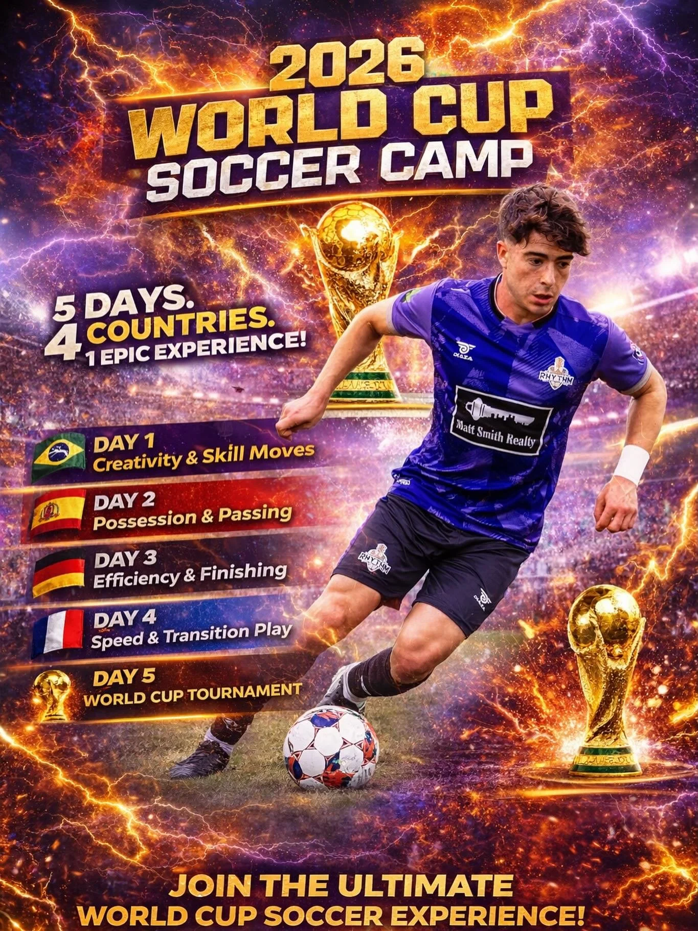 🌍 Rhythm World Cup Camps &ndash; June
Train like the world&rsquo;s best.5 days. 4 countries. One mission&hellip; ELEVATE YOUR GAME.
🇧🇷 Day 1 &ndash; Brazil: Creativity &amp; Skill Moves
Unleash your flair. Dominate 1v1s. Play fearless.
🇪🇸 Day 2 