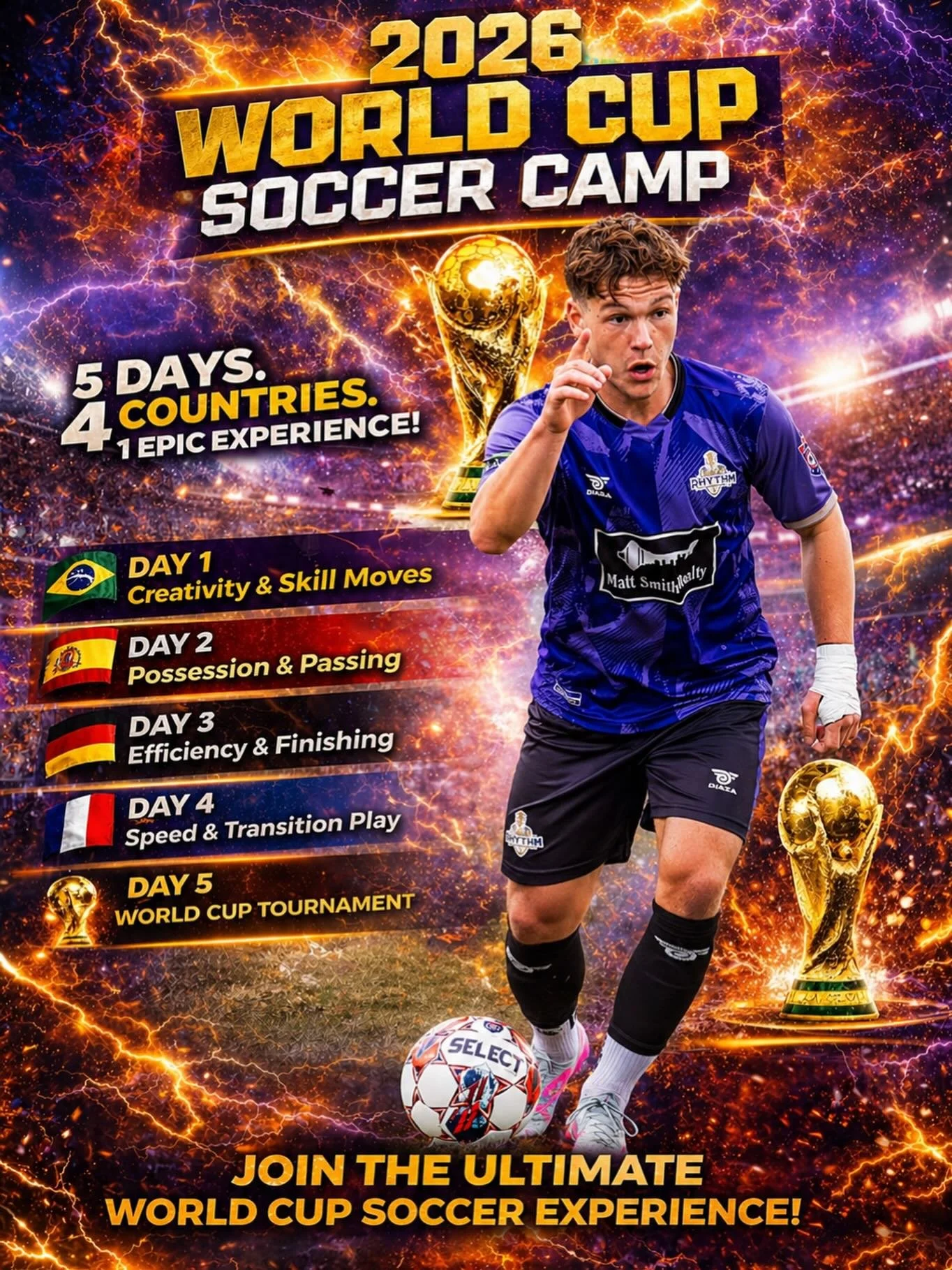 🌍⚽ Rhythm Nation, are you ready? ⚽🌍
Our World Cup&ndash;themed camps are coming this summer in Abingdon VA and Johnson City TN!
Learn skills from around the globe&mdash;taught by your Bristol Rhythm players.
🔥 For a limited time, all camps are DIS