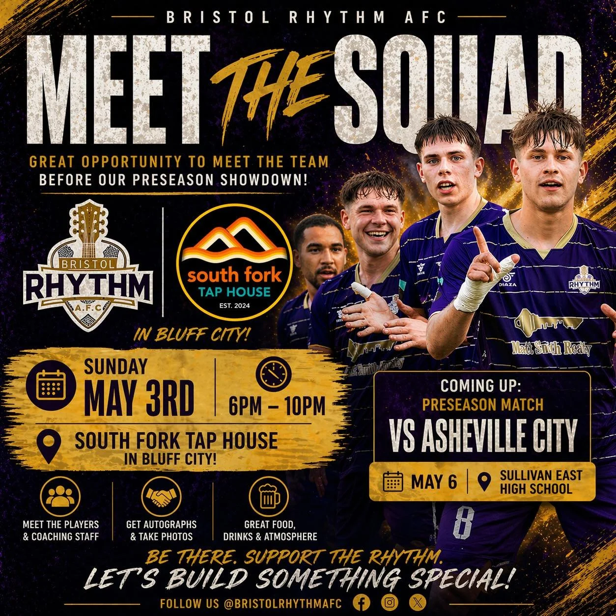 🔥 RHYTHM NATION 🔥 

Don&rsquo;t miss it&mdash;TOMORROW is your chance to meet the squad at South Fork Tap House!

Come hang with the Rhythm, meet the players, and feel the energy before we hit the pitch this Wednesday vs Asheville City SC 🔥

Let&r