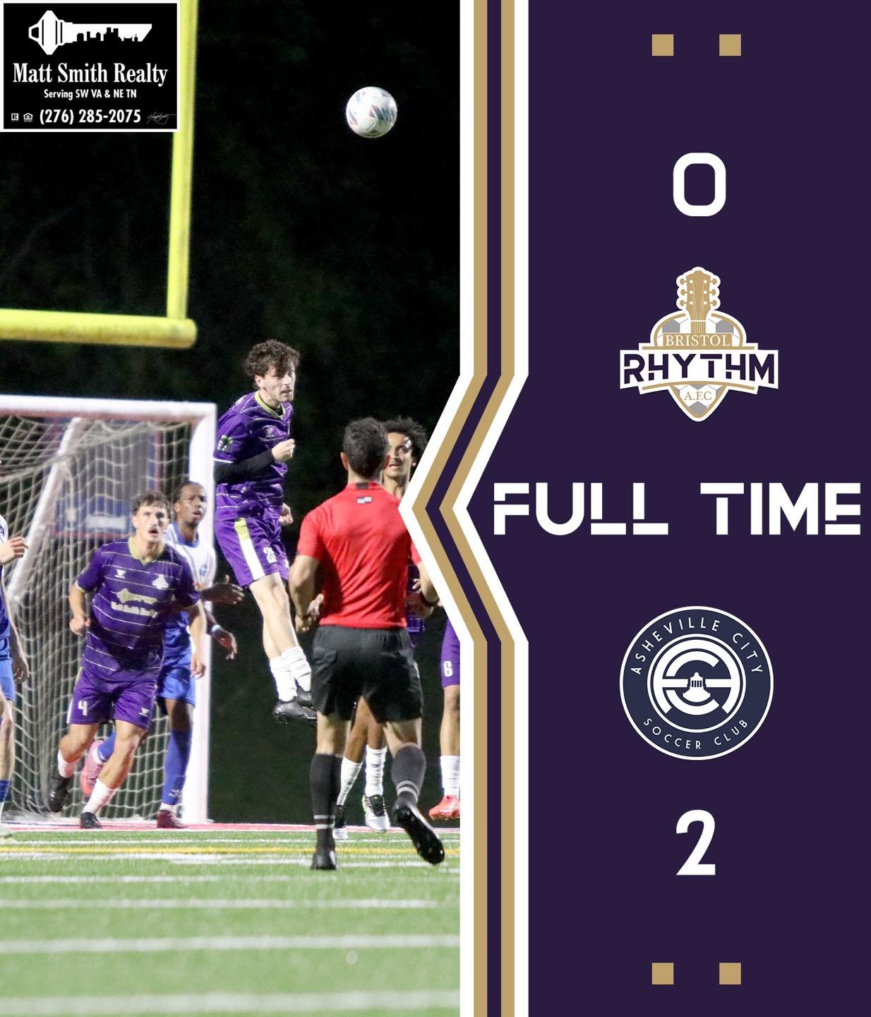 FULL TIME.

Bristol Rhythm AFC falls 2-0 to Asheville City SC tonight.

Plenty to build on from a hard-fought preseason battle, and we appreciate everyone who came out and brought the energy despite the weather. 💜💛

On to the next one. ⚡️

#UpTheRh