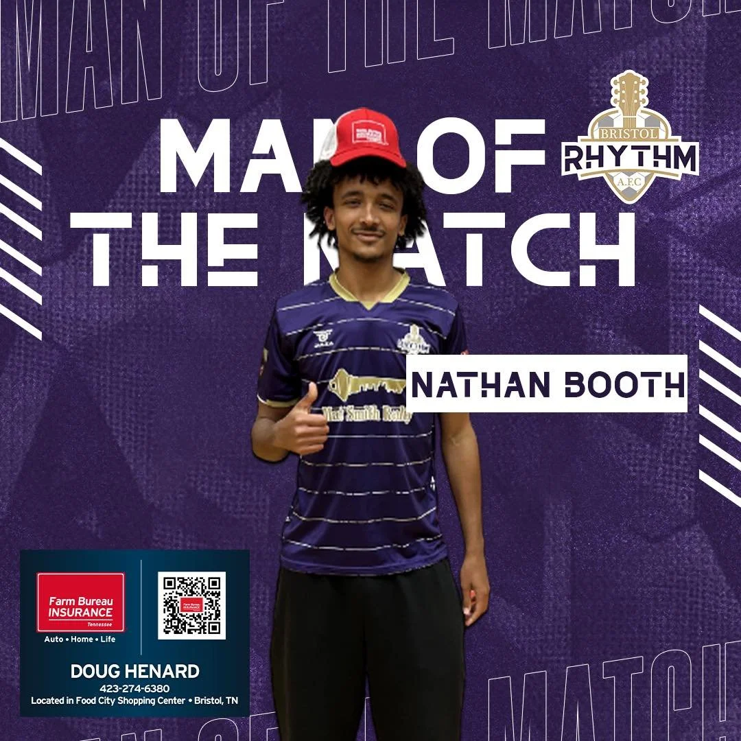 🚨 RHYTHM NATION 🚨 

Nathan Booth has been named the Doug Henard Farm Bureau Insurance of Bristol Man of the Match for his outstanding effort against Asheville City SC! 👏⚽️

Please help us congratulate Nathan on a tremendous performance and nonstop