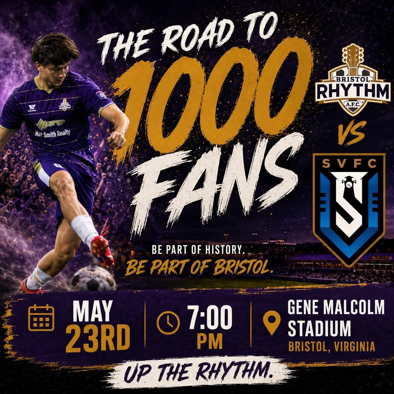 ⚡ THE ROAD TO 1000 FANS ⚡

Rhythm Nation, we need every single one of you to help spread the word about our May 23rd home opener against Statesville FC!

Call your friends. Bring your family. Reach out to local churches, soccer associations, youth cl