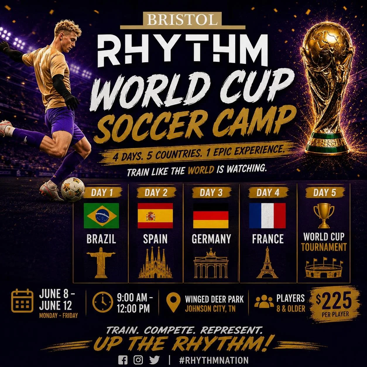 🌎⚽ WORLD CUP SOCCER CAMP IS COMING TO JOHNSON CITY ⚽🌎

Train like the world&rsquo;s best this summer at the Bristol Rhythm World Cup Soccer Camp! 🇧🇷🇪🇸🇩🇪🇫🇷

🔥 5 Days
🌍 4 Countries

🏆 World Cup Tournament Finale on Friday

📍 Winged Deer P