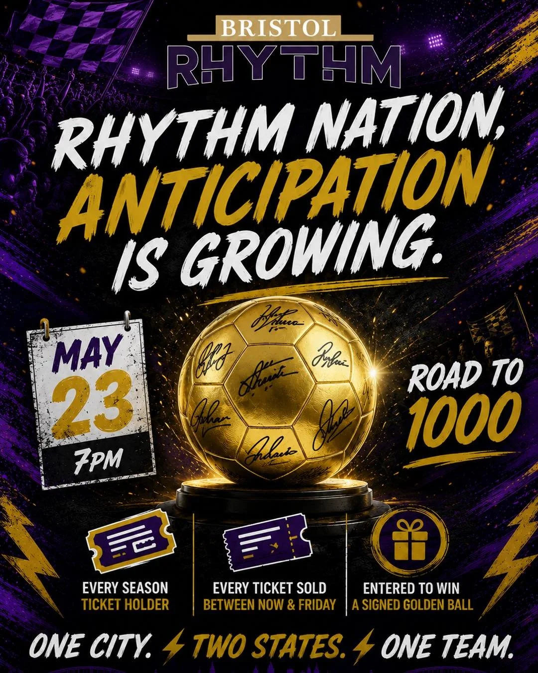 🚨 RHYTHM NATION 🚨

The anticipation for May 23rd is building, and we want Gene Malcolm rocking! ⚡️

Every season ticket holder and every ticket purchased between now and Friday will automatically be entered to win a Bristol Rhythm Golden Ball signe
