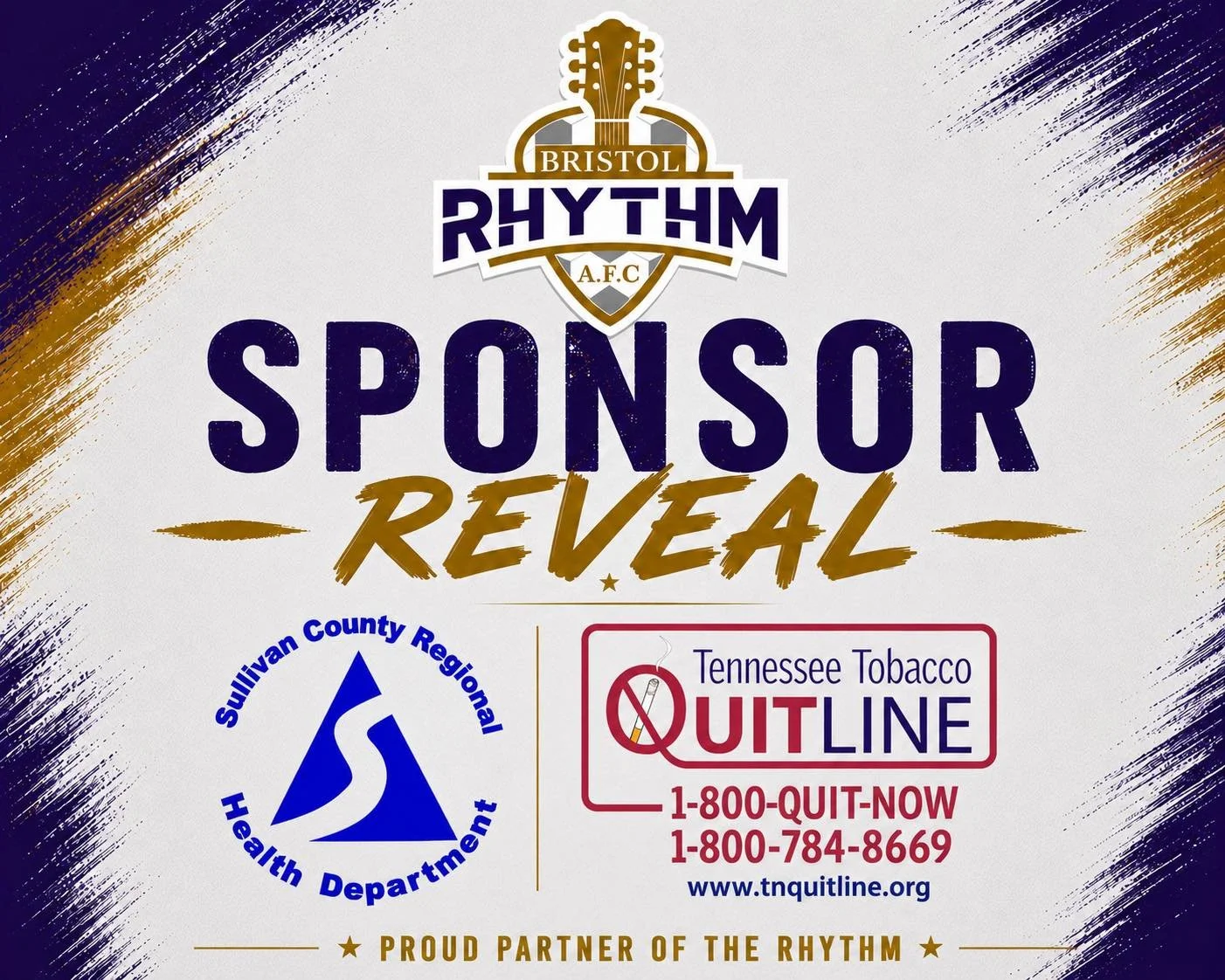 🚨 SPONSOR Alert 🚨 

The Bristol Rhythm AFC is proud to partner with the Sullivan County Regional Health Department and the Tennessee Tobacco Quitline!

Their commitment to building a healthier community and supporting wellness across our region mak