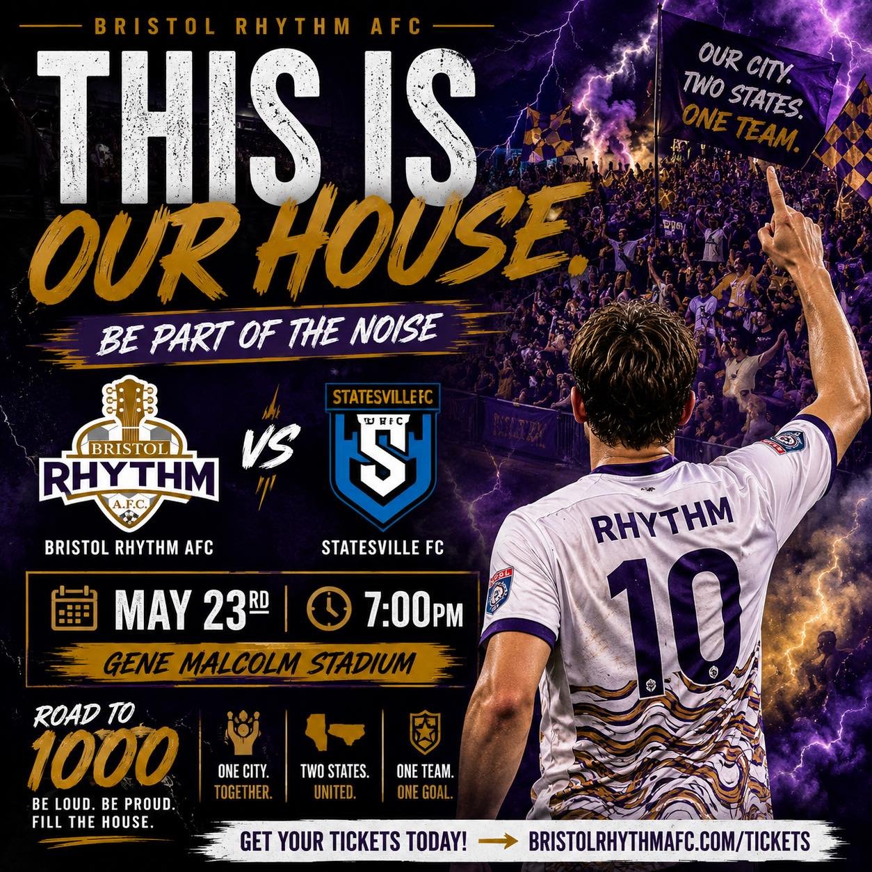 ⚡️ THIS IS OUR HOUSE ⚡️

Rhythm Nation&hellip; the wait is almost over.

This Saturday night, Bristol Rhythm AFC returns home to Gene Malcolm Stadium for a massive Southeast Conference showdown against Statesville FC. 🏟️🔥

The Road to 1000 continue