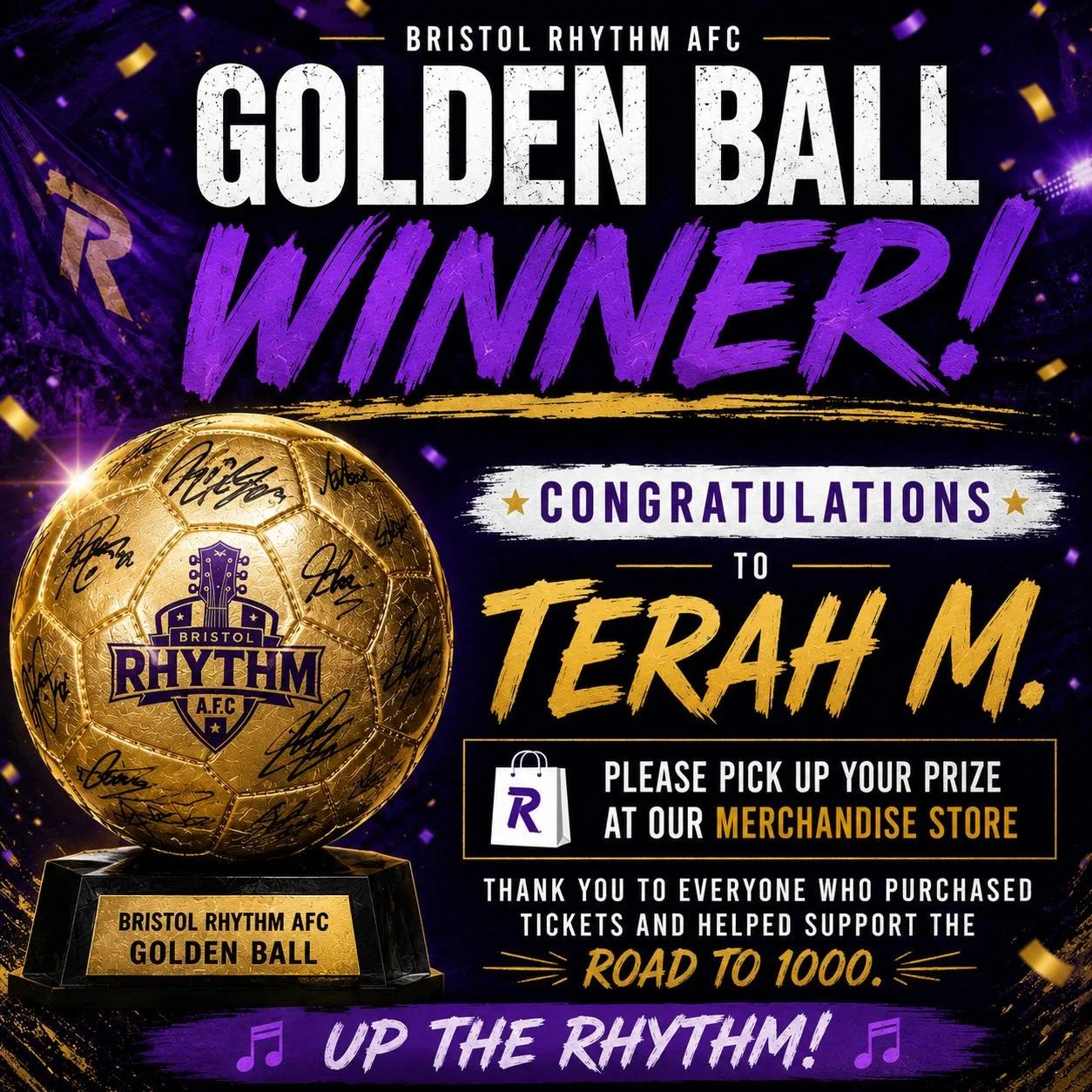 🏆 GOLDEN BALL WINNER 🏆

Congratulations to Terah M., the winner of our Bristol Rhythm AFC Golden Ball giveaway! ⚽🔥

Thank you to everyone who purchased tickets and helped support the Road to 1000 campaign. Your support continues to help build an i