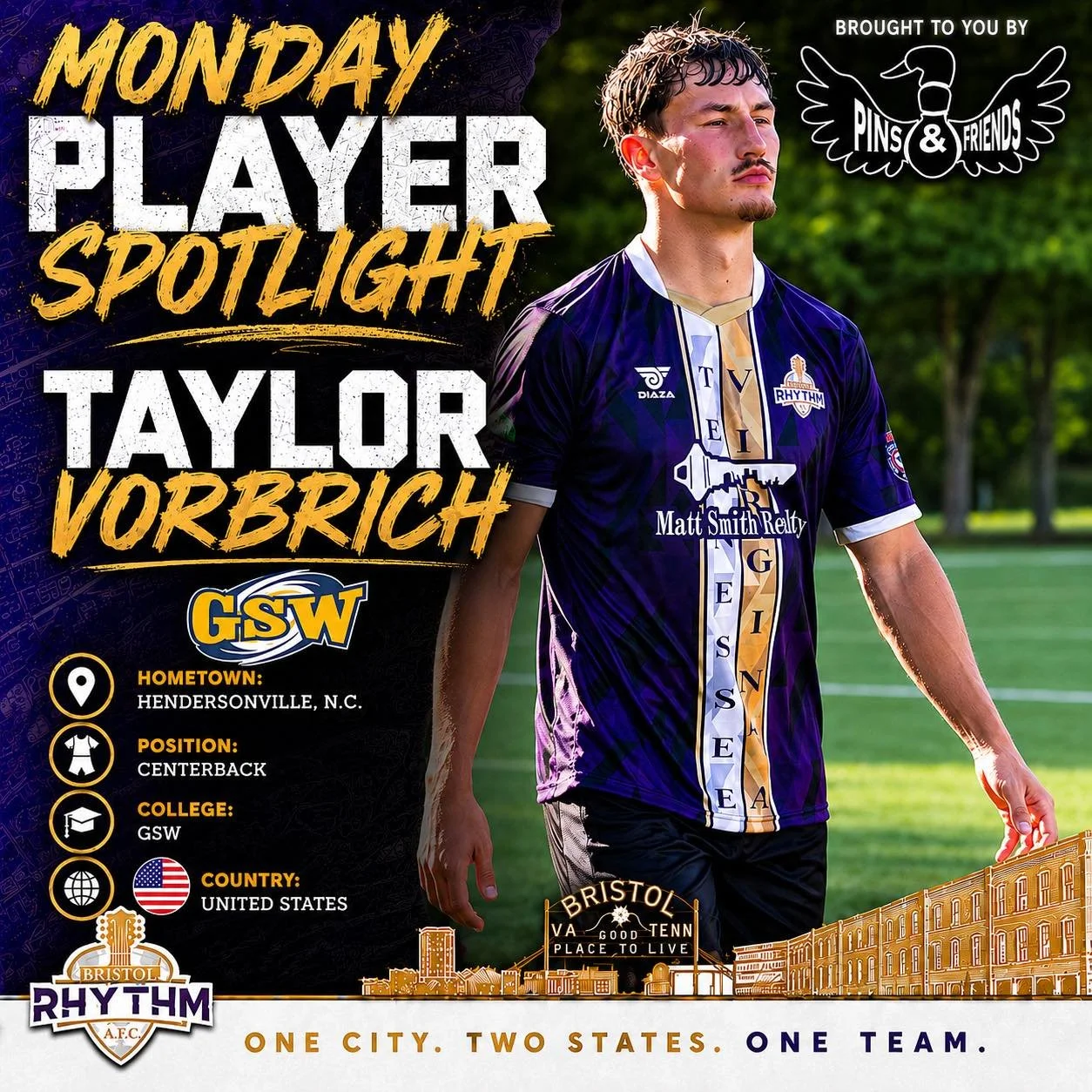 🎵 MONDAY PLAYER SPOTLIGHT 🎵

Brought to you by Pins &amp; Friends🎳

Meet Taylor Vorbrich, one of Bristol Rhythm's standout defenders! ⚽🔥

Get to know Taylor a little better as we shine this week's Player Spotlight on him:

⚽ Started playing socce