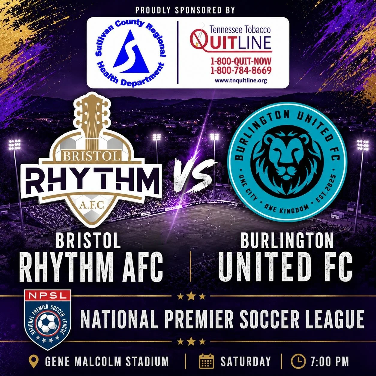 🔥 TOP OF THE TABLE. UNDER THE LIGHTS. 🔥

This Saturday, Bristol Rhythm AFC returns home for a massive showdown against Burlington United FC.

🏆 #1 vs #2 in the NPSL Southeast standings.
⚽ Three points on the line.
🎸 Rhythm Nation behind us.

The 