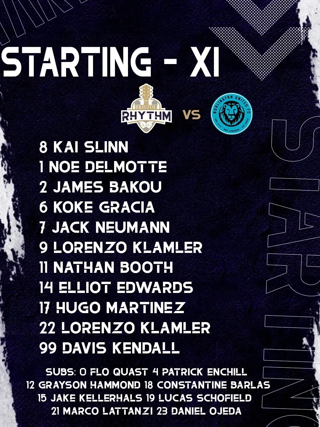 Rhythm Nation! Here is your starting lineup for tonight's match against Burlington United! ⚽🔥⚽ #uptherhythm #feeltherhythm